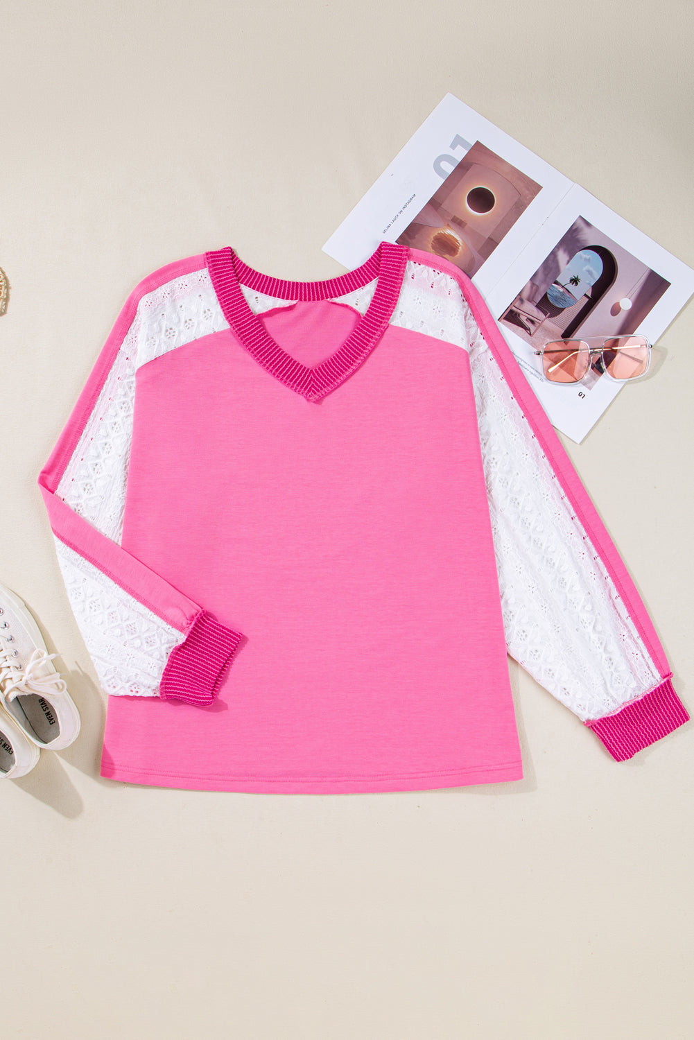 Bonbon Lace Striped Patchwork Long Sleeve Corded V Neck Plus Size Top