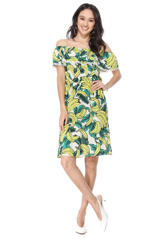 Tropical Off Shoulder Print Dress
