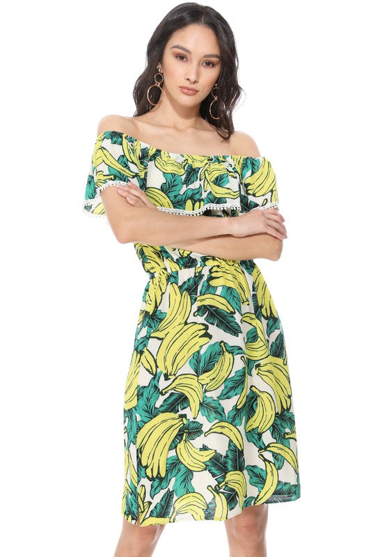 Tropical Off Shoulder Print Dress