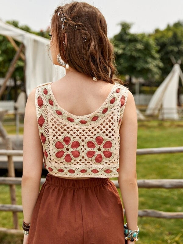 Women Summer Vacation Sleeveless Floral Crochet Crop Top Crochet hook