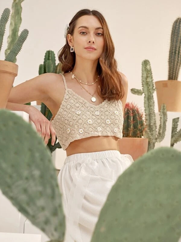Women Summer Vacation Sleeveless Floral Crochet Solid Crop Top Crochet hook
