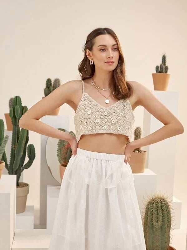 Women Summer Vacation Sleeveless Floral Crochet Solid Crop Top Crochet hook