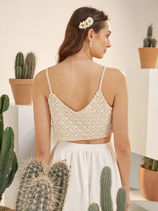 Women Summer Vacation Sleeveless Floral Crochet Solid Crop Top Crochet hook