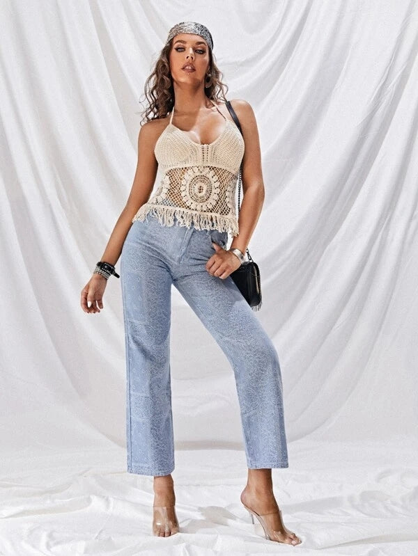 Women Summer Vacation Sleeveless Solid Tie Crochet Fringe Top Crochet hook