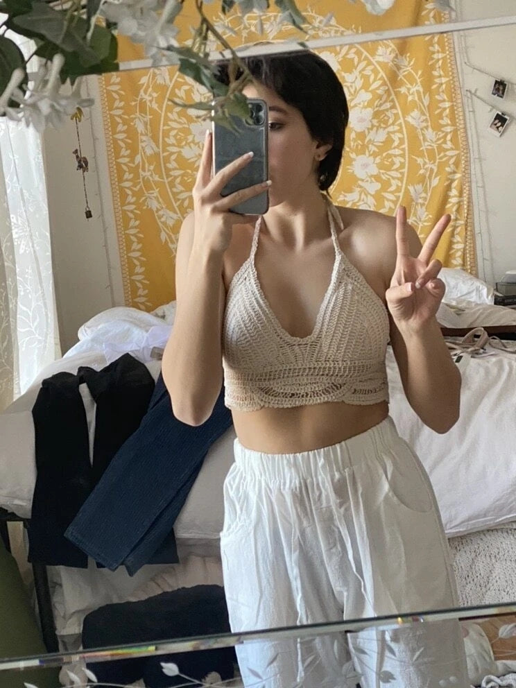 Women Summer Vacation Sleeveless Solid Slim Tie Crochet Top Crochet hook
