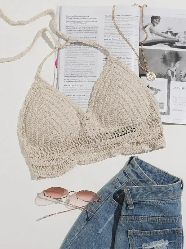 Women Summer Vacation Sleeveless Solid Slim Tie Crochet Top Crochet hook