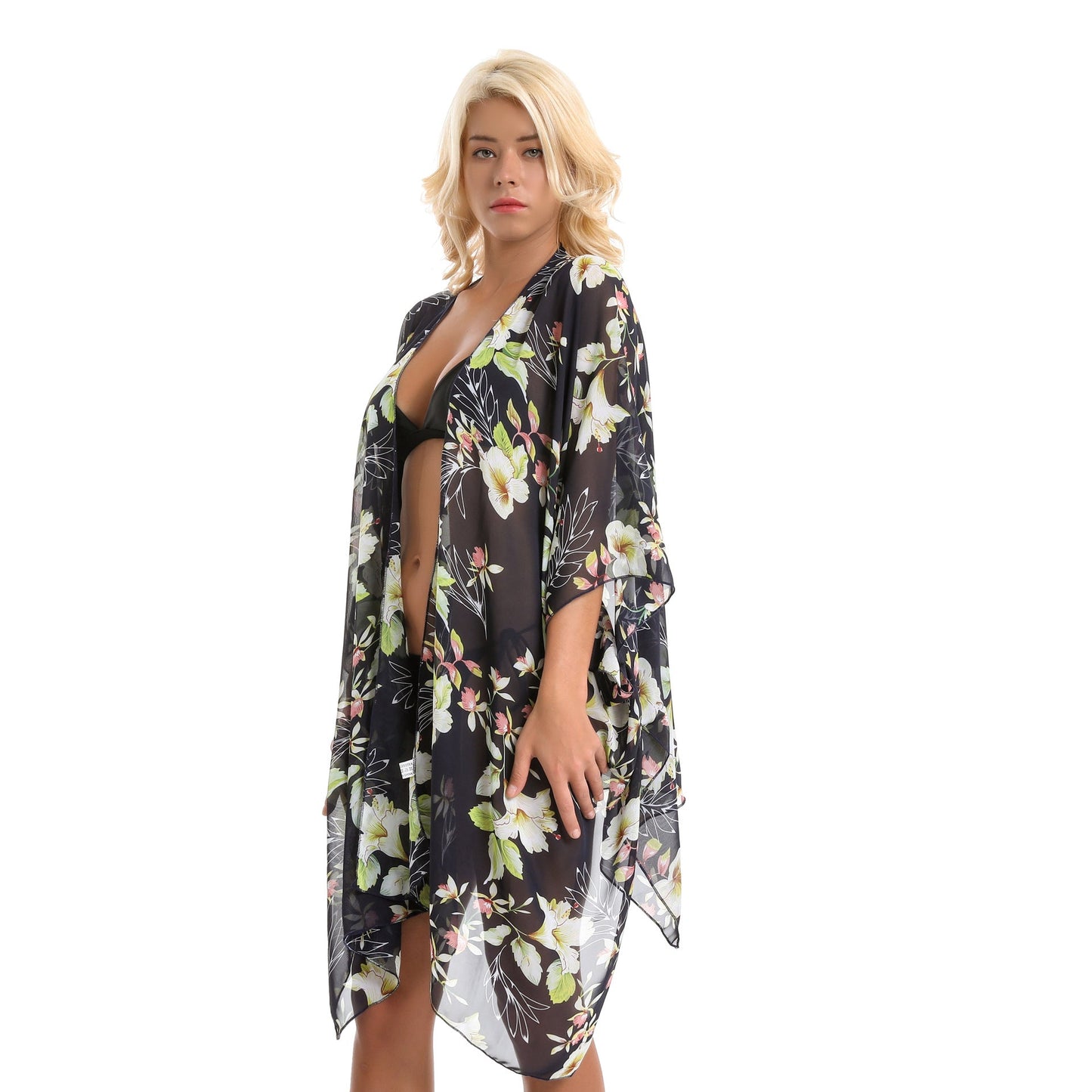 Elegant Lily Pattern Chiffon Beach Sun Protection Beach Cover Up Cardigan