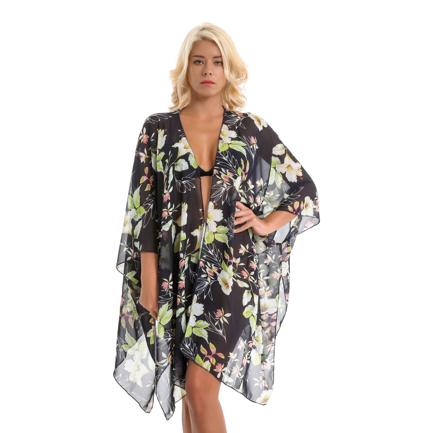 Elegant Lily Pattern Chiffon Beach Sun Protection Beach Cover Up Cardigan
