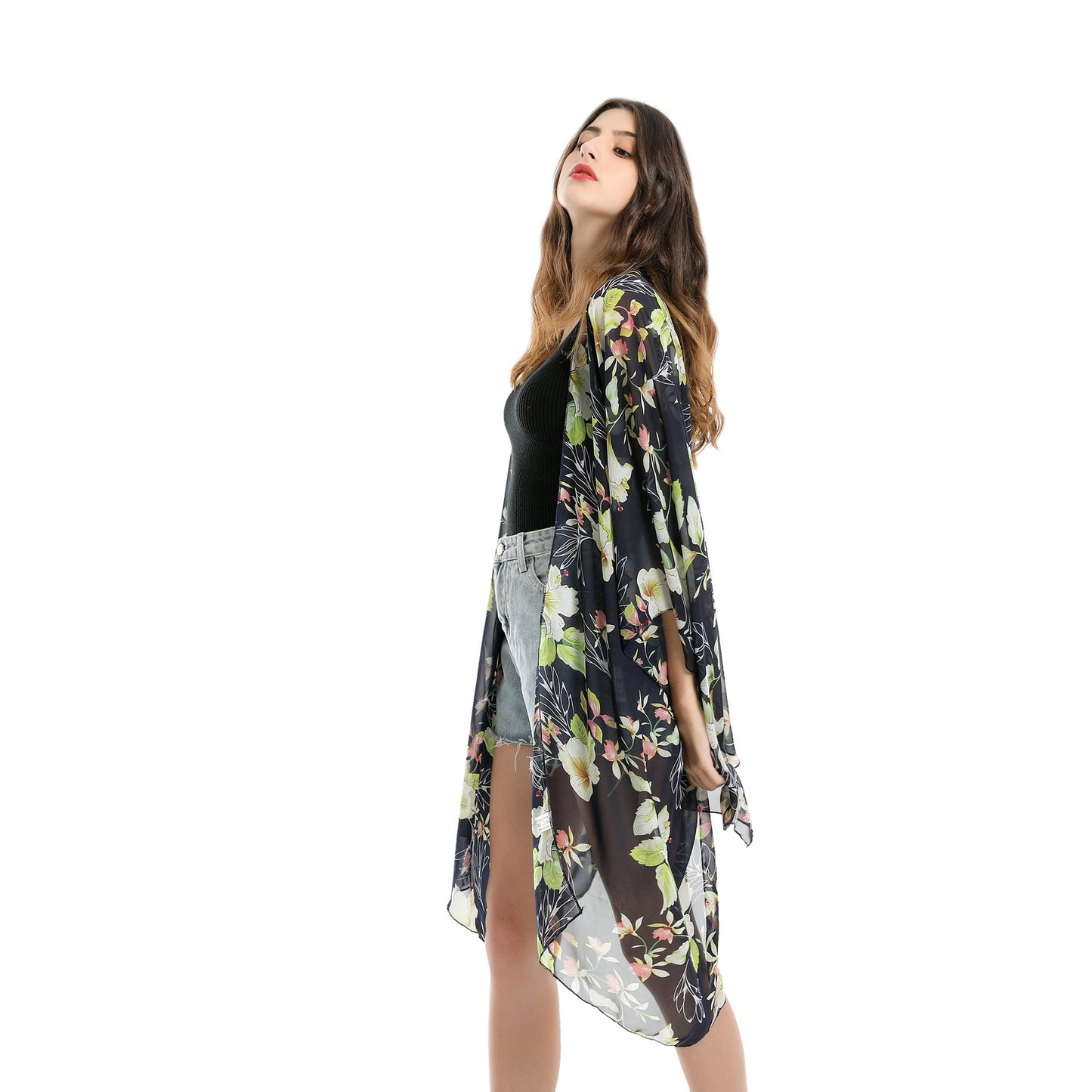 Elegant Lily Pattern Chiffon Beach Sun Protection Beach Cover Up Cardigan