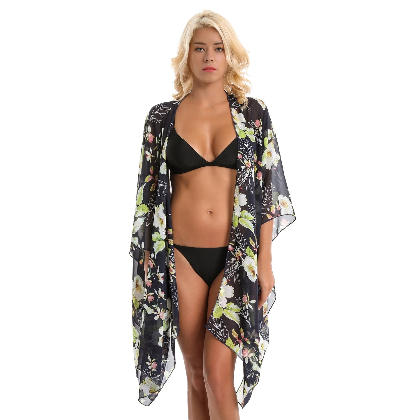 Elegant Lily Pattern Chiffon Beach Sun Protection Beach Cover Up Cardigan