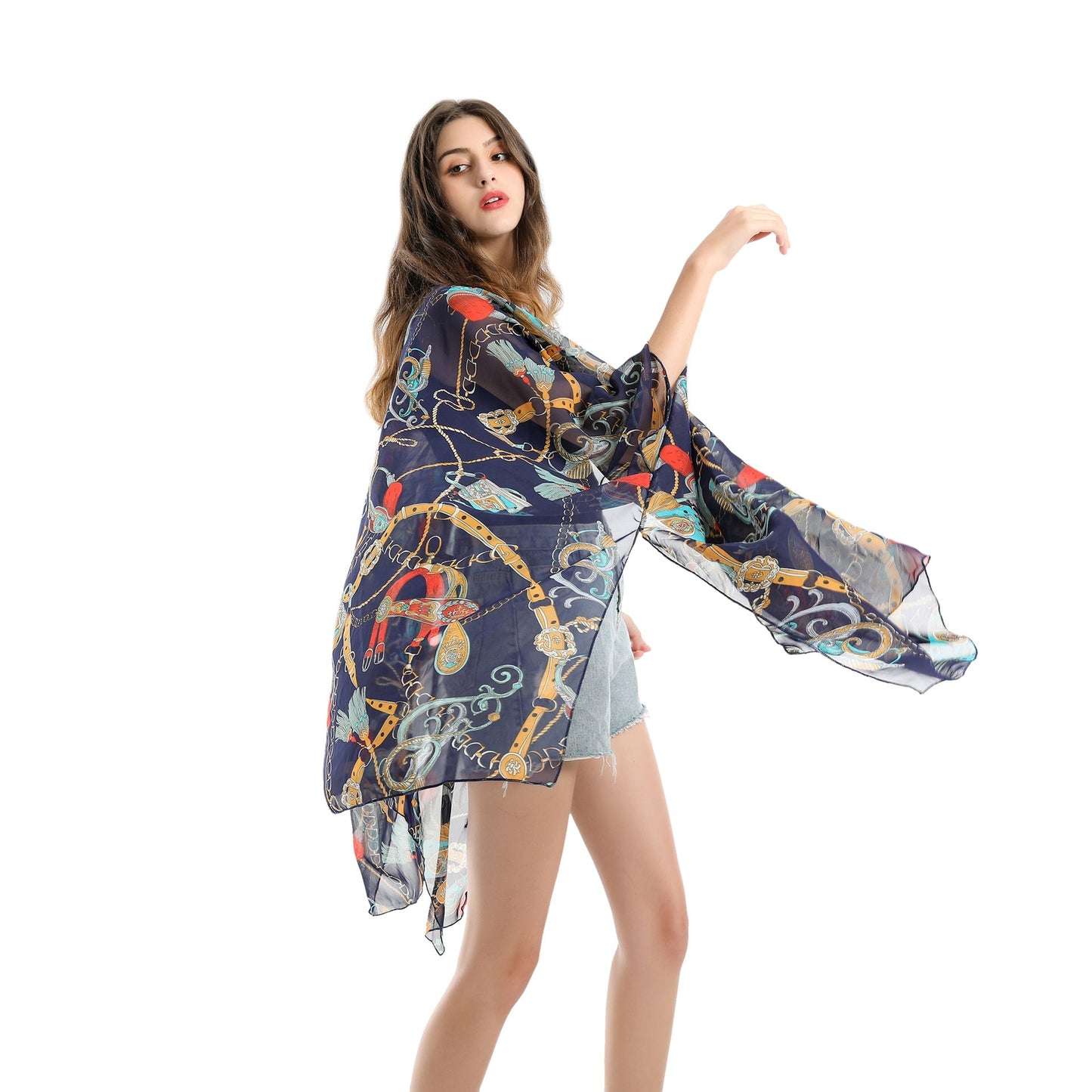 Summer Trendy Geometric Abstract Printed Chiffon Swimsuit Blouse Sunscreen Light Bikini Cardigan