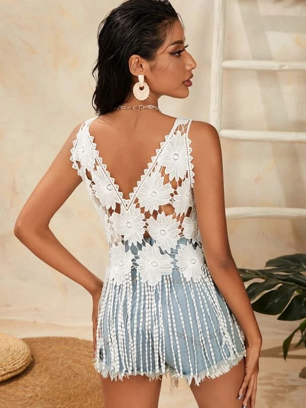 Women Summer Vacation Tassel Mesh Hollow Strap Top Crochet hook