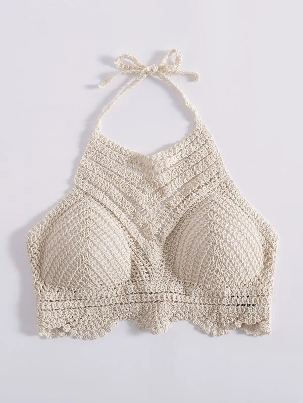 Women Summer Vacation Crochet Cut Out V Shaped Symmetrical Pattern Strap Shackle Top Crochet hook