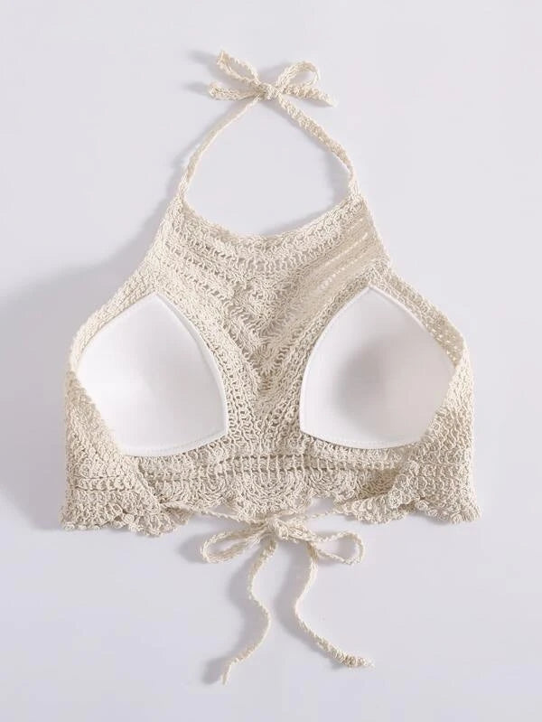 Women Summer Vacation Crochet Cut Out V Shaped Symmetrical Pattern Strap Shackle Top Crochet hook