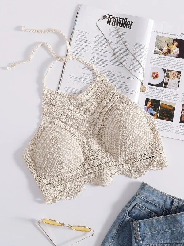 Women Summer Vacation Crochet Cut Out V Shaped Symmetrical Pattern Strap Shackle Top Crochet hook