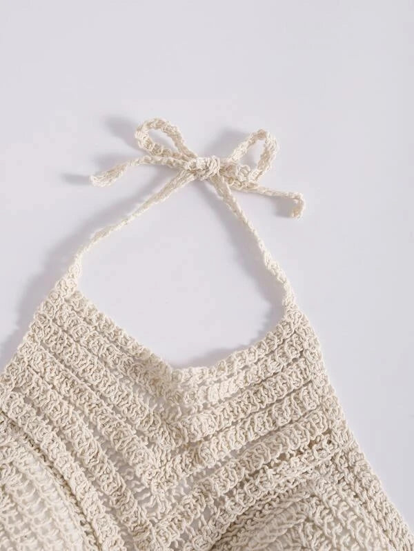 Women Summer Vacation Crochet Cut Out V Shaped Symmetrical Pattern Strap Shackle Top Crochet hook