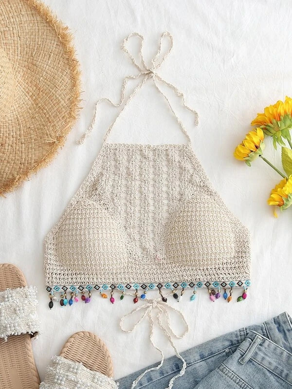 Women Summer Vacation Crochet Hollow Colorful Streamed Bead Sling Neck Strap Top Crochet hook