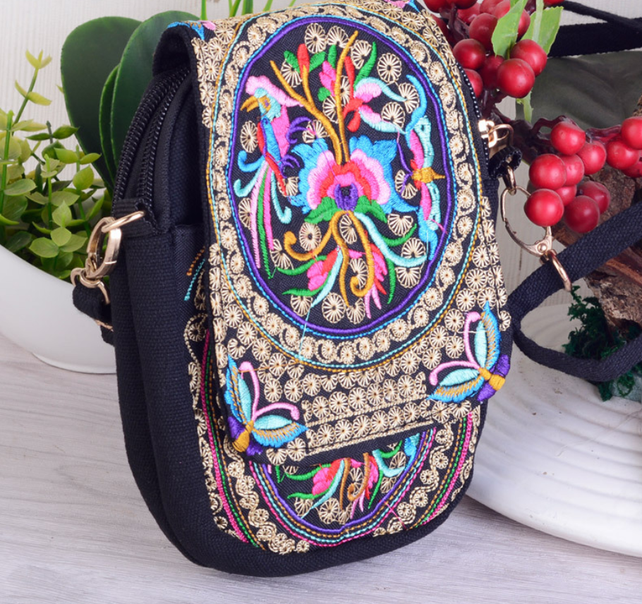Yunnan National Embroidery Bag Embroidered Canvas Mobile Phone Bag Three-layer Coin Purse Women's Small Crossbody Bag