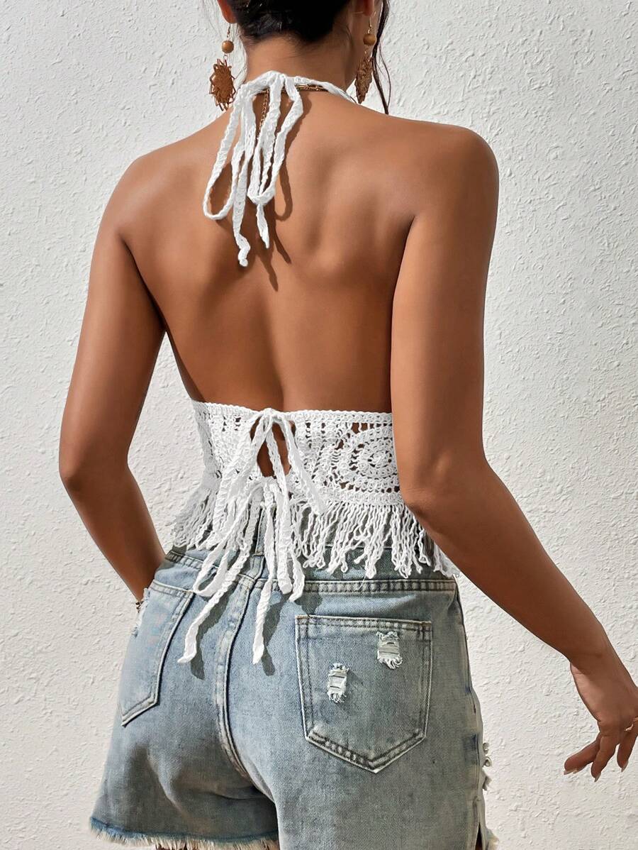 Women Solid Color Vacation Summer Short Tie Top Crochet hook