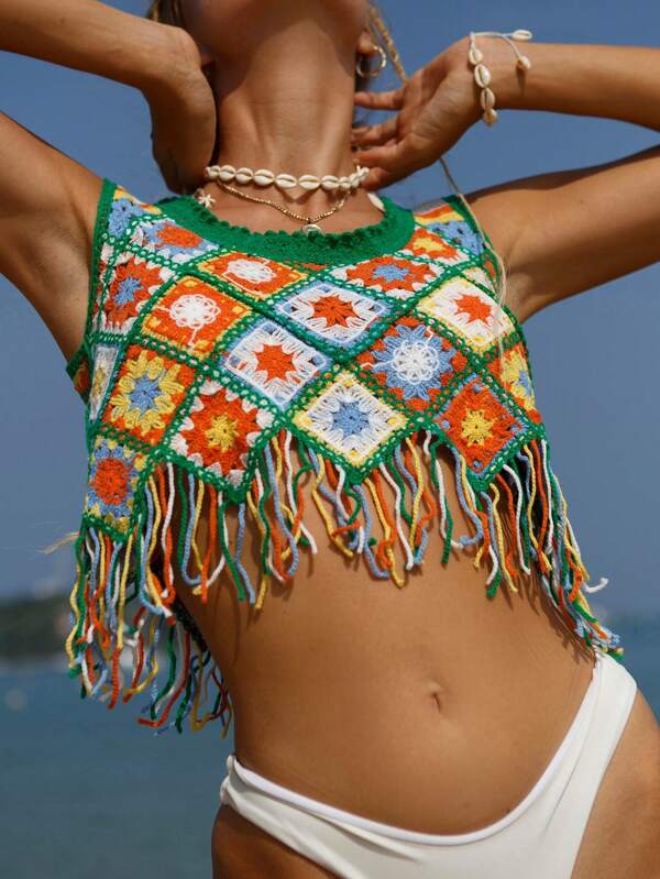Women Fringed Hollow High Elastic Camisole Vest Crochet hook