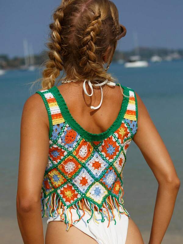 Women Fringed Hollow High Elastic Camisole Vest Crochet hook