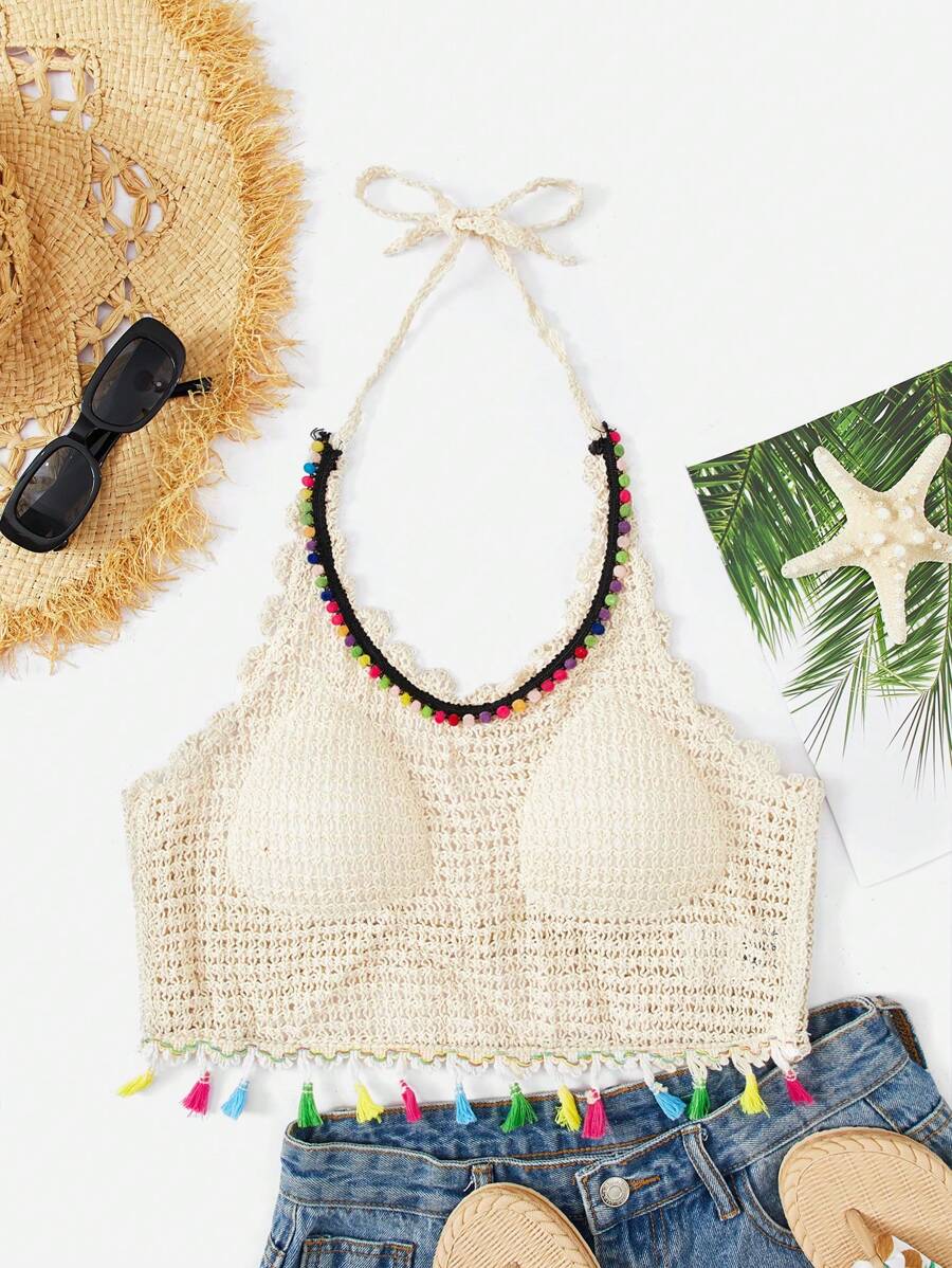 Colorful Tassel Crocheted Openwork Sling Back Strap Top Crochet hook