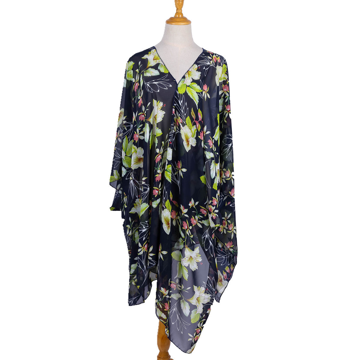 Elegant Lily Pattern Chiffon Beach Sun Protection Beach Cover Up Cardigan