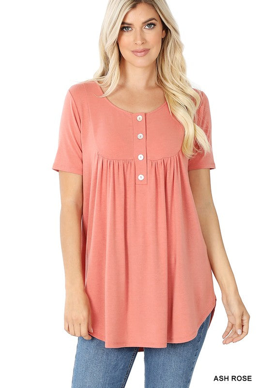 Short Sleeve Dolphin Hem Shell Button Top