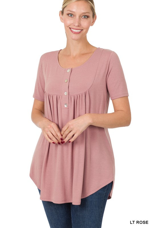 Short Sleeve Dolphin Hem Shell Button Top