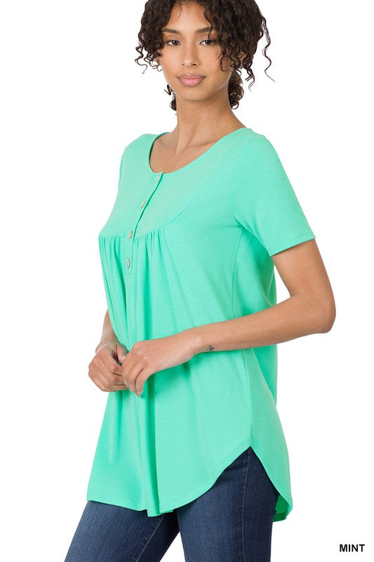 Short Sleeve Dolphin Hem Shell Button Top
