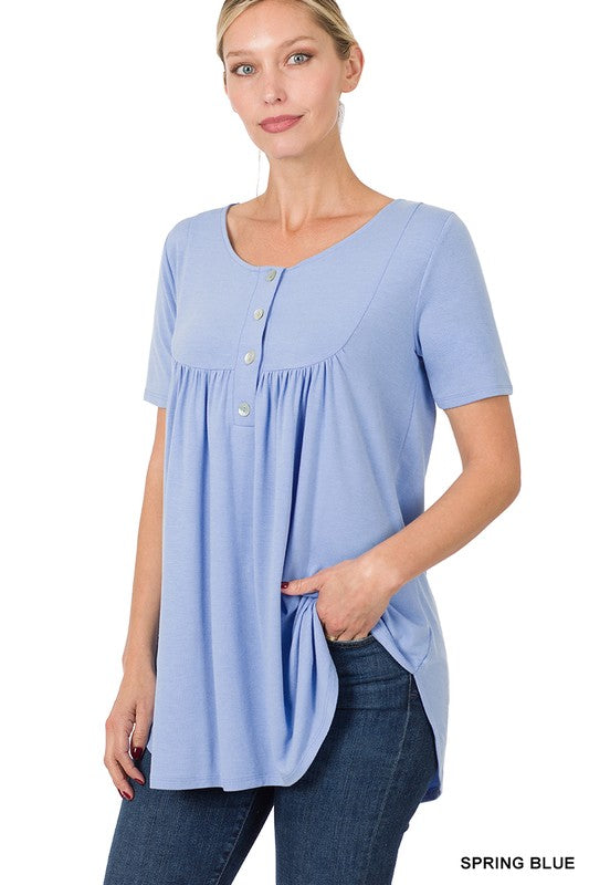 Short Sleeve Dolphin Hem Shell Button Top