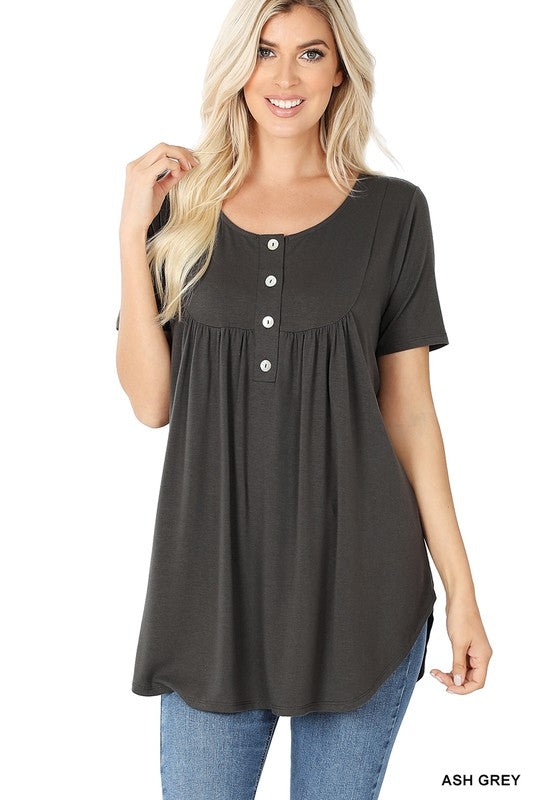 Short Sleeve Dolphin Hem Shell Button Top