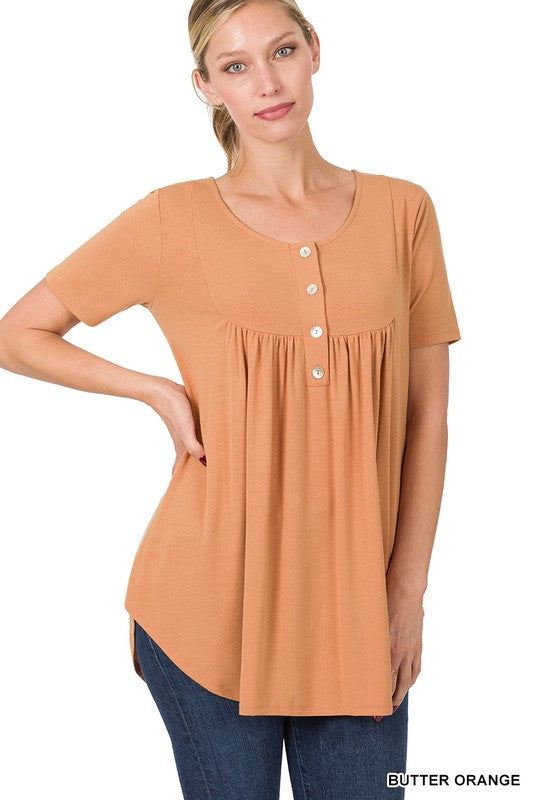 Short Sleeve Dolphin Hem Shell Button Top