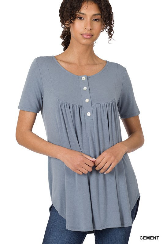 Short Sleeve Dolphin Hem Shell Button Top