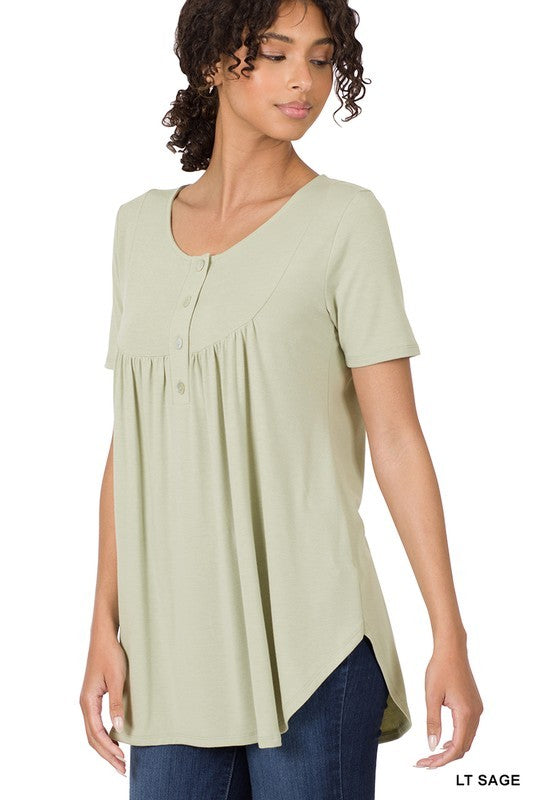 Short Sleeve Dolphin Hem Shell Button Top