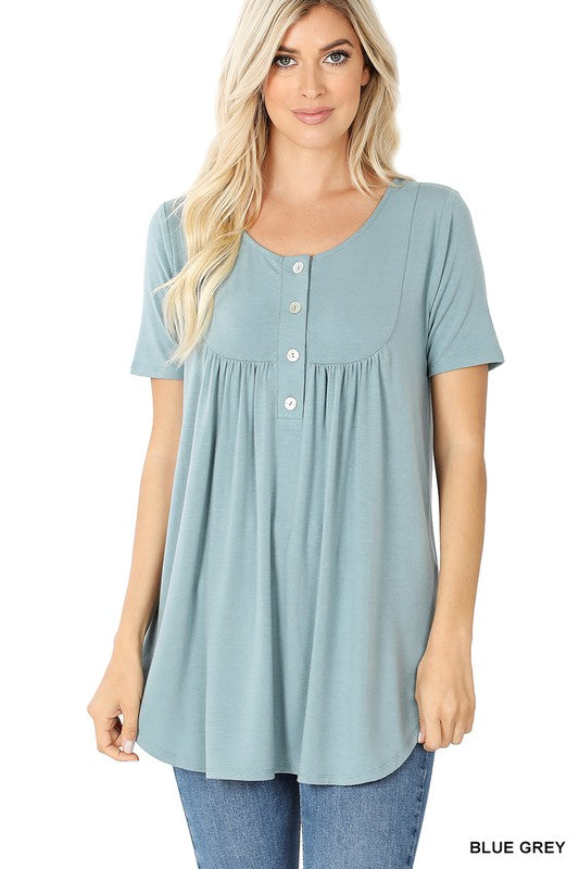 Short Sleeve Dolphin Hem Shell Button Top