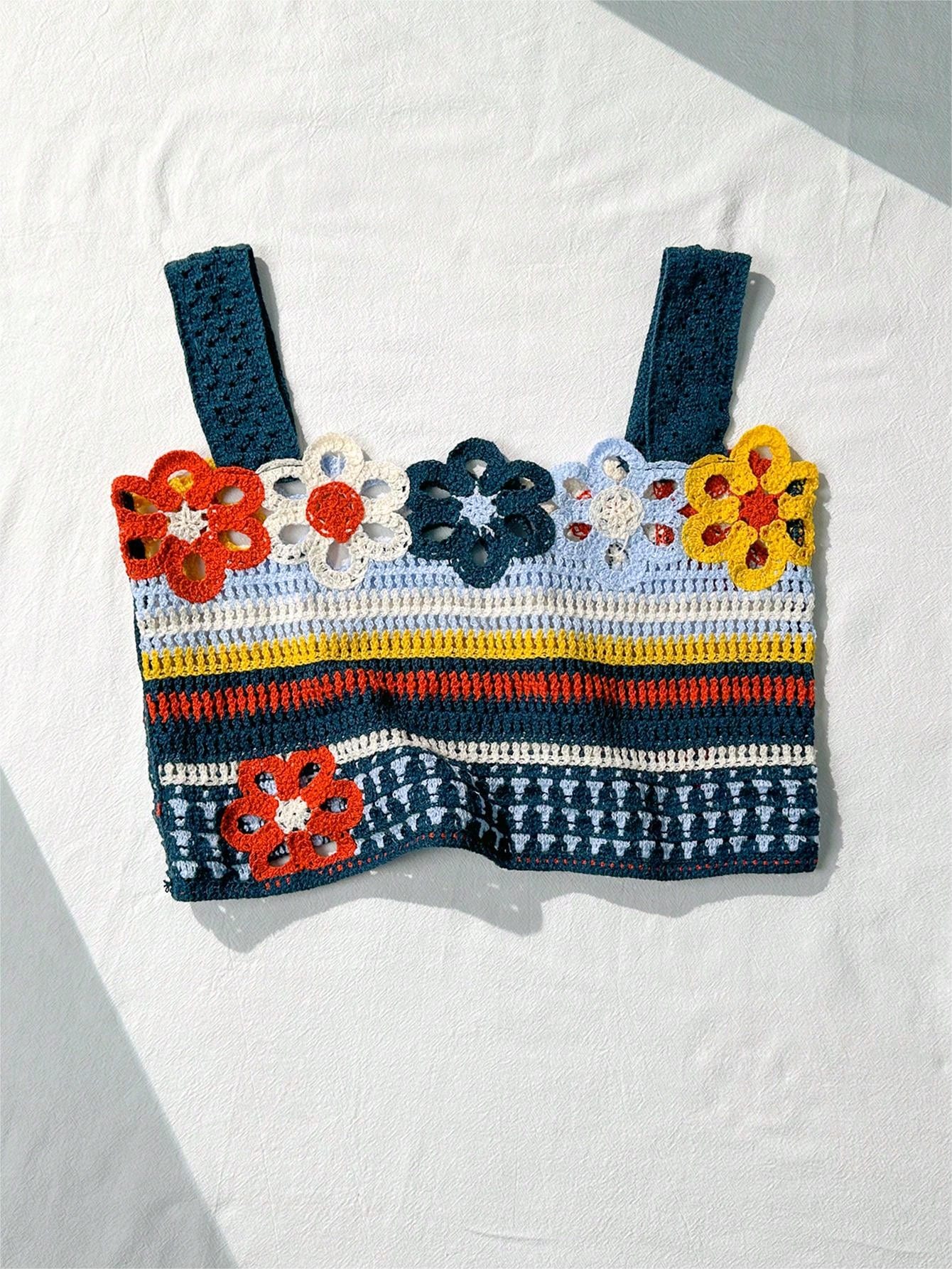 Bikinx Hollow Out Crochet Colorblock Vacation Style Camisole Tank Top