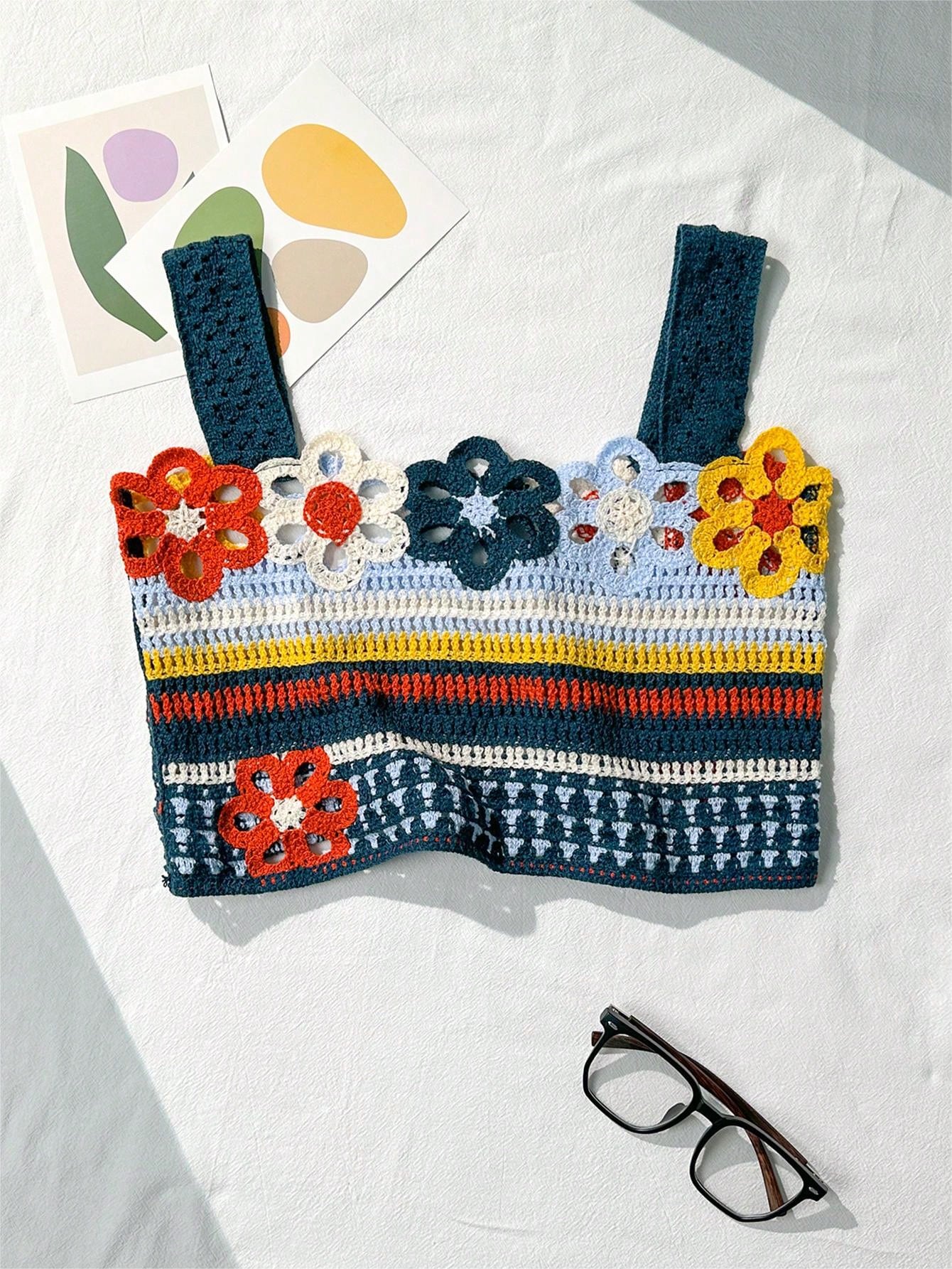 Bikinx Hollow Out Crochet Colorblock Vacation Style Camisole Tank Top