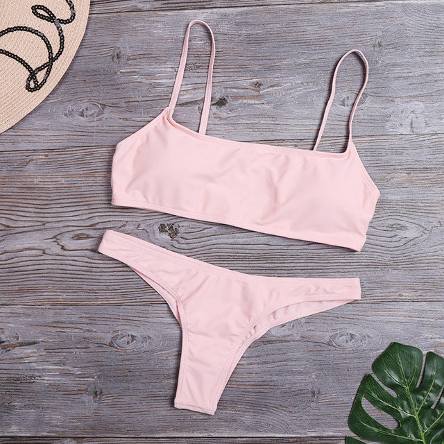 Ladies Swimwear Sexy Bikini Solid Color Split Swimsuit