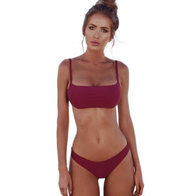 Ladies Swimwear Sexy Bikini Solid Color Split Swimsuit
