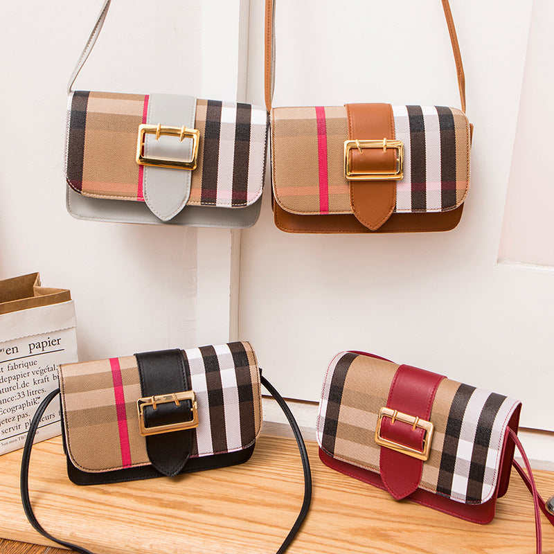Contrast color lattice leather buckle mobile phone coin purse diagonal