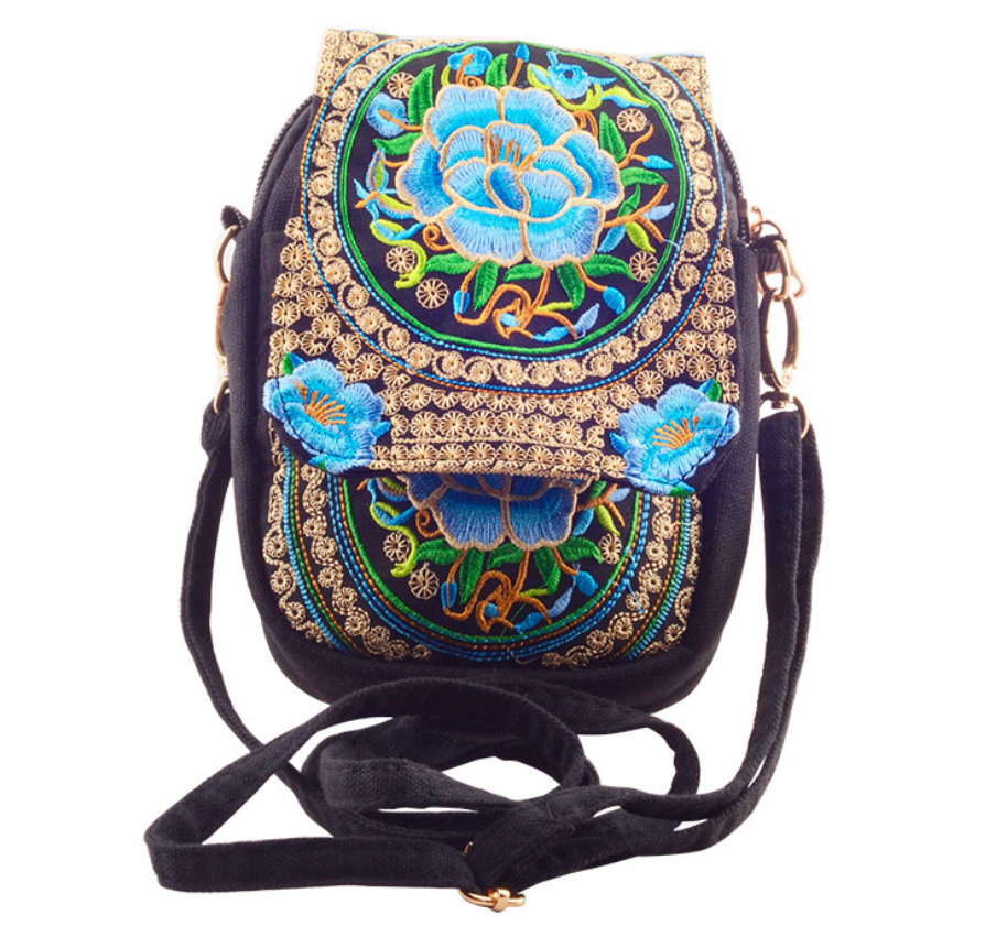 Yunnan National Embroidery Bag Embroidered Canvas Mobile Phone Bag Three-layer Coin Purse Women's Small Crossbody Bag
