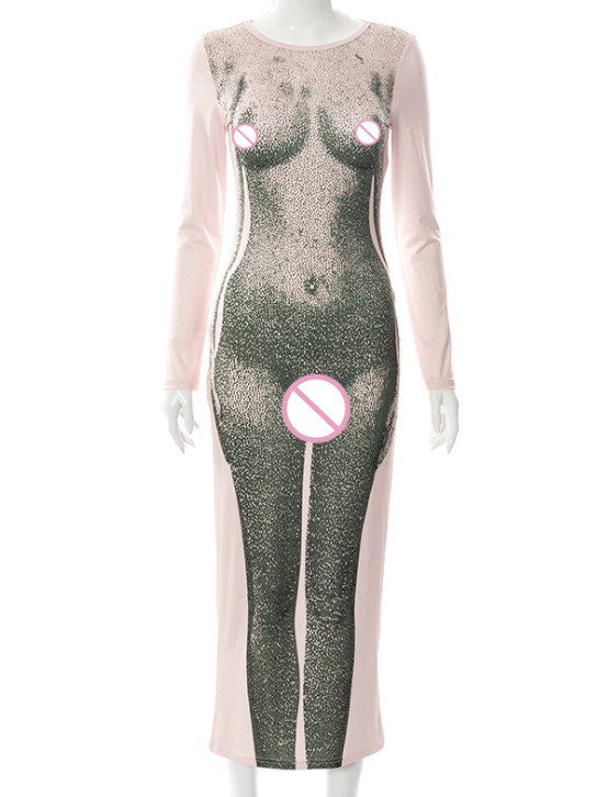 Women's Body Print Long Sleeve Midi Dress