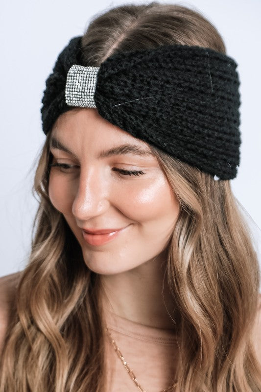 Winter Rhinestone Bow Knitted Head Band