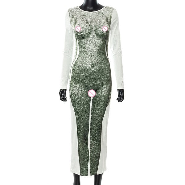 Women's Body Print Long Sleeve Midi Dress