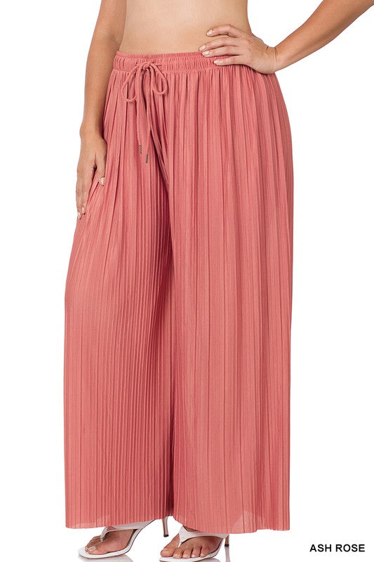PLUS WOVEN PLEATED WIDE LEG PANTS WITH LINING