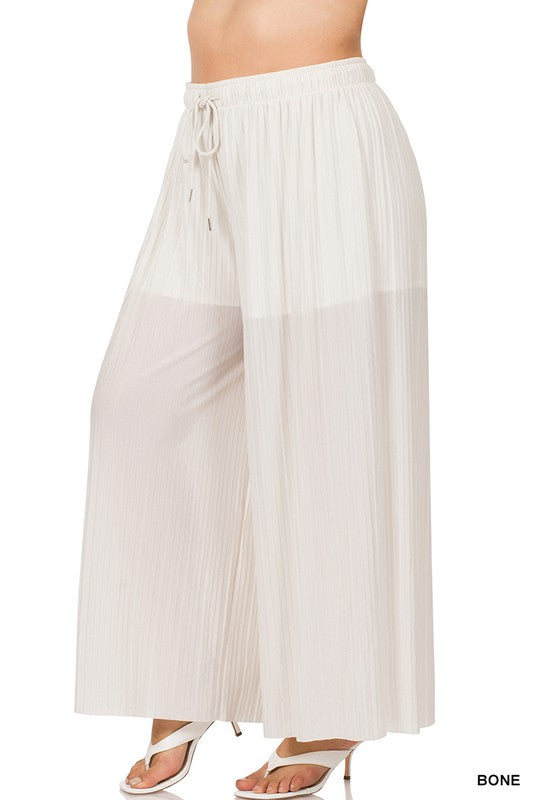 PLUS WOVEN PLEATED WIDE LEG PANTS WITH LINING