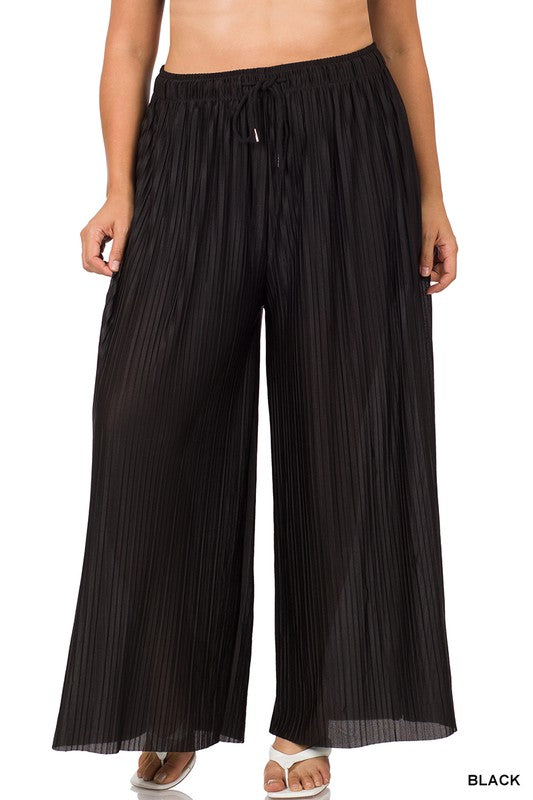 PLUS WOVEN PLEATED WIDE LEG PANTS WITH LINING