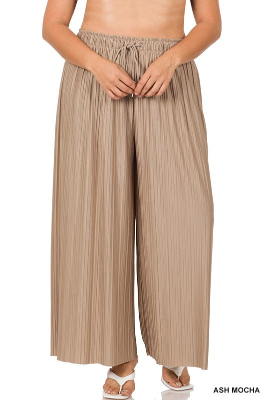 PLUS WOVEN PLEATED WIDE LEG PANTS WITH LINING