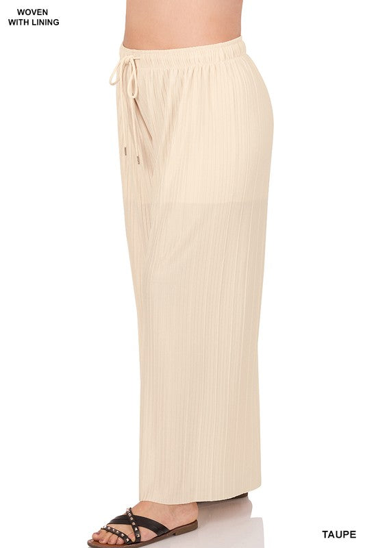 PLUS WOVEN PLEATED WIDE LEG PANTS WITH LINING